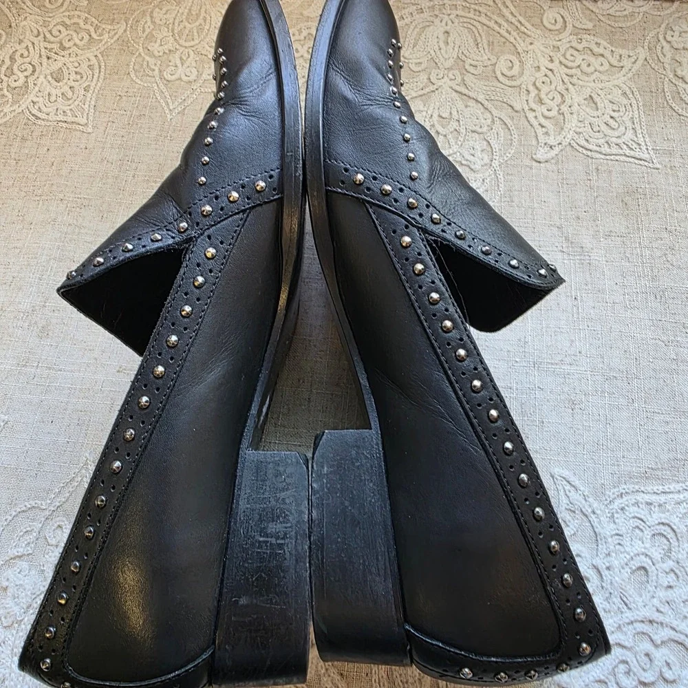AllSaints Leather Studded Loafers 39 8.5 Black Silver Stud Slip On Shoe Portugal